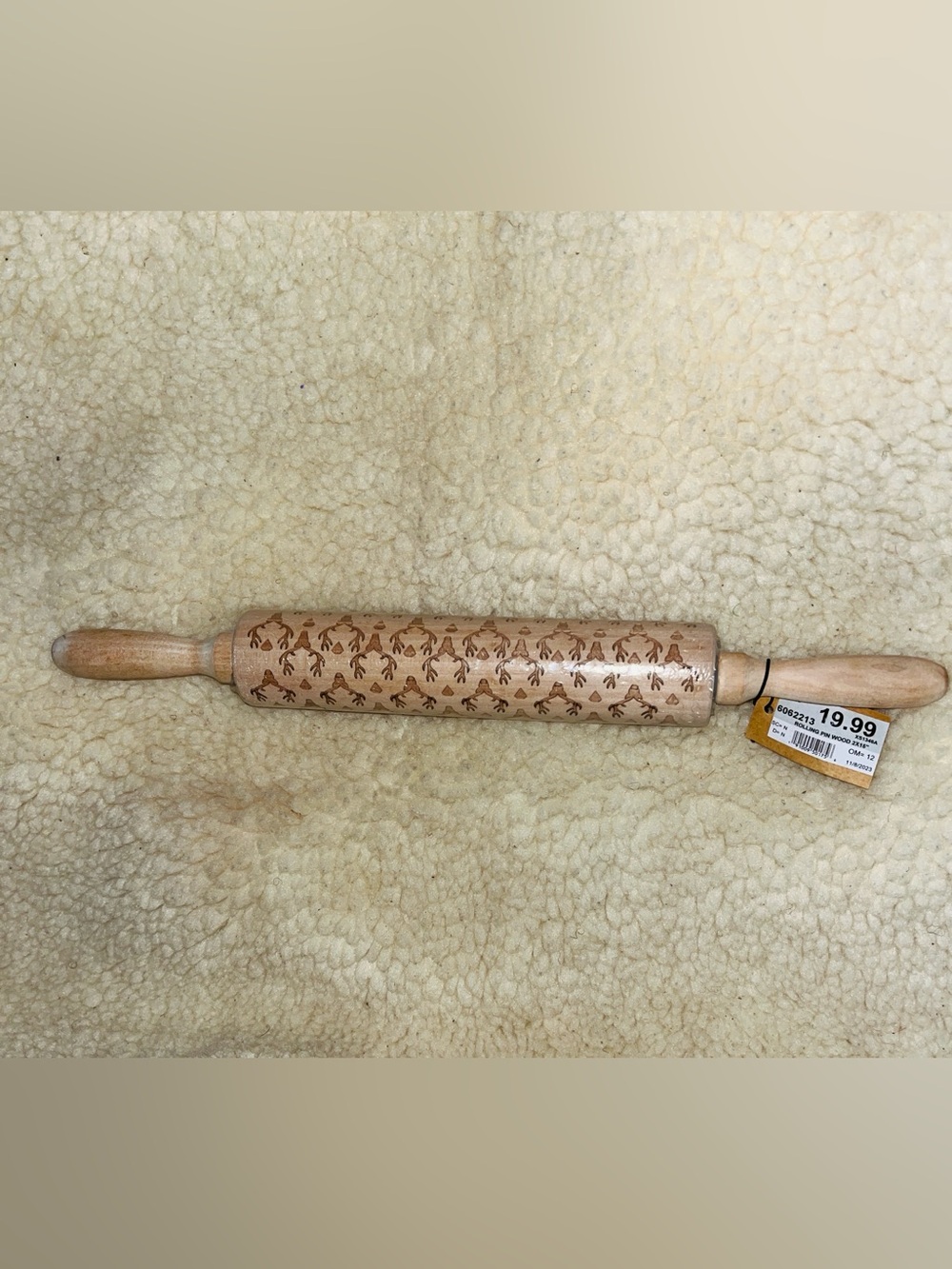NWT Creative Co-Op Cabin Holiday Deer Carved Wood Rolling Pin 15”
